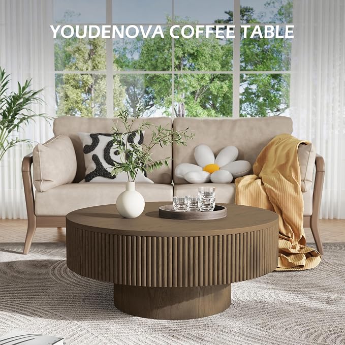YOUDENOVA 35” Round Fluted Coffee Table, Modern Wood Circle Coffee Table, Veneer Handcrafted Relief Tea Table with Sturdy Pedestal for Living Room, Easy Assembly - Brown