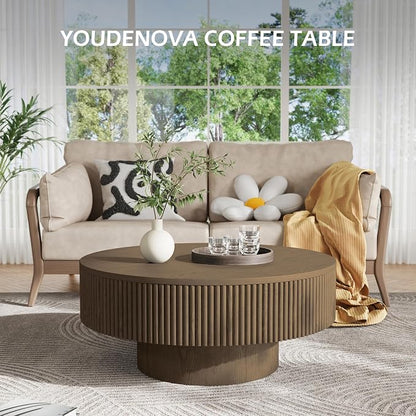 YOUDENOVA 35” Round Fluted Coffee Table, Modern Wood Circle Coffee Table, Veneer Handcrafted Relief Tea Table with Sturdy Pedestal for Living Room, Easy Assembly - Brown