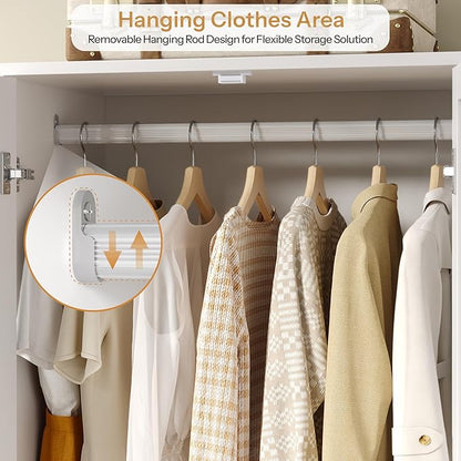DynJest Armoire Wardrobe Closet with 2 Drawers, 70" Tall Clothing Storage Cabinet with Hanging Rod, 3 Open Shelves & 5 Hooks, 2 Doors Large Capacity Wooden Cabinet for Bedroom, White