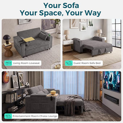 LINSY HOME 3-in-1 Pull Out Sofa Bed, 58" Convertible Sleeper Sofa for Living Room, 360° Swivel Table, Storage Armrests, Charging Station, Cup Holders, 2 Pillows, Corduroy Loveseat Futon Couch, Grey