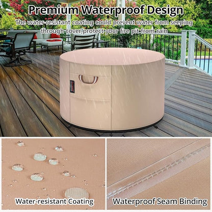 QH.HOME Fire Pit Cover Round-Fits Diameter 50" D X 24" H Heavy Duty 900D Strong Tear-Resistant and UV Resistant and Waterproof and Fading Resistant Polyester Firepit Covers Round for Outdoor Fire Pit