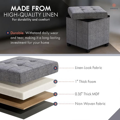 Ornavo Home Storage Ottoman with Legs, Square Cube Foot Rest Stool Seat, for Living Room, Bedroom, Home Office, Dorm - 15 x 15 x 15, Gray