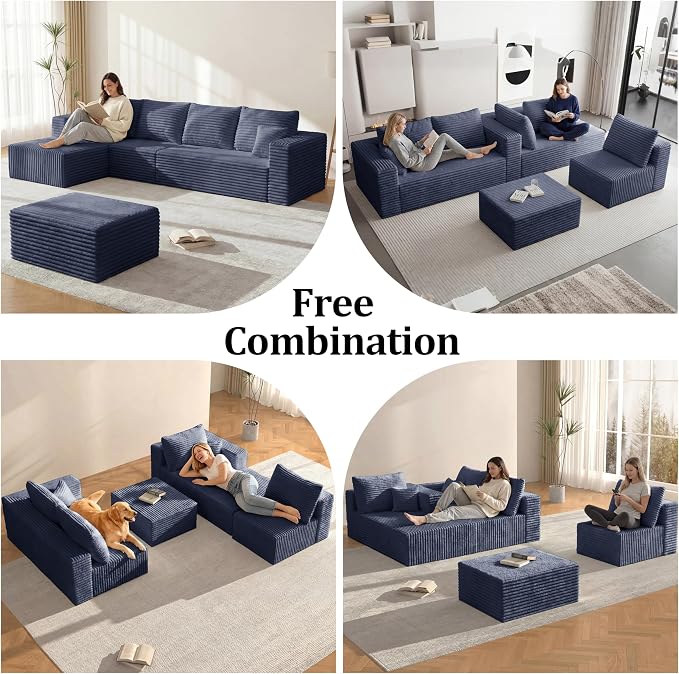 92.5'' U-Shaped Boneless Couches, Sectional Sofa with Deep Seat with Ottoman, Corduroy Modular Sectional Sofa, Convertible Cloud Couch with Oversized Deep Seats No Assembly Needed