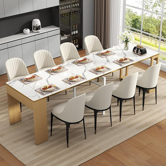 Extendable Dining Table, Transformer Folding Console Table for 2-8 People, 17"-112" Space Saving Dining Room Table, Wood White Faux Marble Dining Table, Kitchen and Dining Room Furniture (No Chairs)