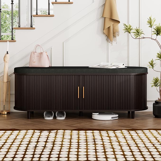 DHH 2-Tier Storage Bench,Wide Shoe Bench with Thickened Padded Seat Cushion, Mid Century Modern Fluted Sliding Door and Adjustable Shelf, for Entryway, Living Room, Bedroom (Dark Walnut, 51.2”)
