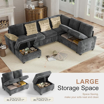 Hanherry Sectional Couch with Pull Out Sofa Bed,Chenille Sleeper Sofa with Storage Ottoman & USB Charging,Comfy L Shaped Modular Couches for Living Room,Apartment
