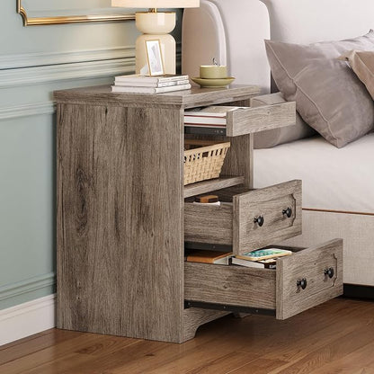 LIKIMIO Nightstand Set of 2, Night Stand with Pull Out Tray, Wooden Bedside Table with 2 Drawers and Open Shelf, Side Table for Bedroom, Grey