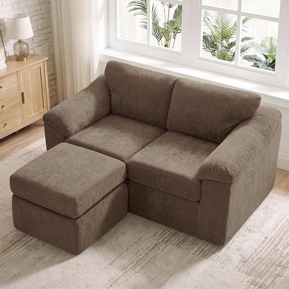L Shaped Boneless Couch, Modern Loveseat Sofa with Ottoman, Floor Cloud Couch Sets with Extra Comfy Soft Deep Seats for Living Room, Apartment, No Assemby, Brown
