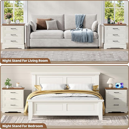 Akxomel Farmhouse Nightstand with Charging Station, 22" Wide Bedside Table with 3 Large Drawers & Bar Handles, Side End Table with Stable Support Base, for Bedroom, Off White