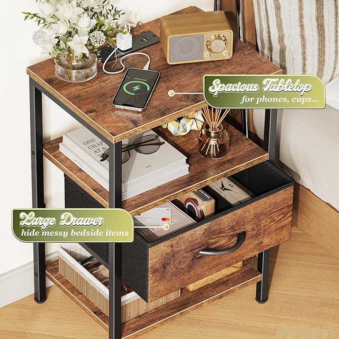 SUPERJARE Nightstand with Charging Station, Bed Side Table with Adjustable Fabric Drawer, Night Stand for Bedroom, 3-Tier Storage End Table, for Living Room, Rustic Brown