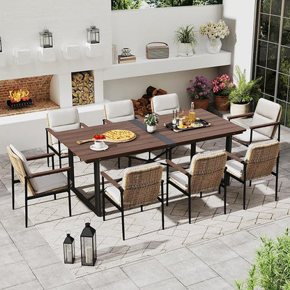 HAPPATIO 9 Piece Patio Dining Set Outdoor, 8 Wicker Chairs with Aluminum Frame and Olefin Cushions, Large Wooden Dining Table with Umbrella Hole,Patio Table and Chairs for Backyard Garden Porch