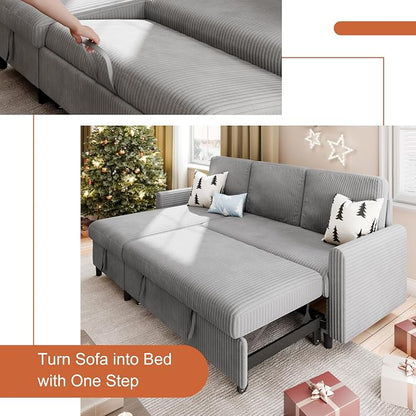 Vongrasig Pull Out Couch, 2 in 1 Small Sofa Bed Sleeper Sofa with Storage, 77" L Shaped Convertible Sofa with Storage Chaise for Living Room, Apartment, Light Grey