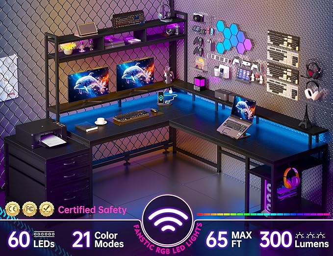 EnHomee 104'' L Shaped Gaming Desk, Reversible Two Person Corner Computer Desk with LED Lights & Power Outlet, Monitor Stand & 3 Drawers, Home Office Workstation for Gaming Room, Black