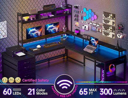 EnHomee 104'' L Shaped Gaming Desk, Reversible Two Person Corner Computer Desk with LED Lights & Power Outlet, Monitor Stand & 3 Drawers, Home Office Workstation for Gaming Room, Black