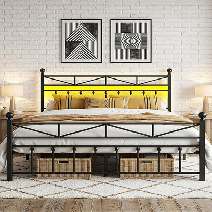 EnHomee 14.2" King Bed Frame with Tall Headboard & Footboard, Metal Bed Frame with Strong Slats Support and Noise-Free Design，Under Bed Storage，No Box Spring Needed，Black