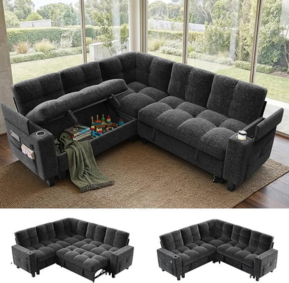 AMADA HOMEFURNISHING 85″ Modular Sectional Sleeper Sofa with Pull Out Couch, U Shaped 5 Seat Sectional Sofa with Storage, USB Ports & Cup Holders, Chenille Cloud Couches for Living Room, Dark Grey