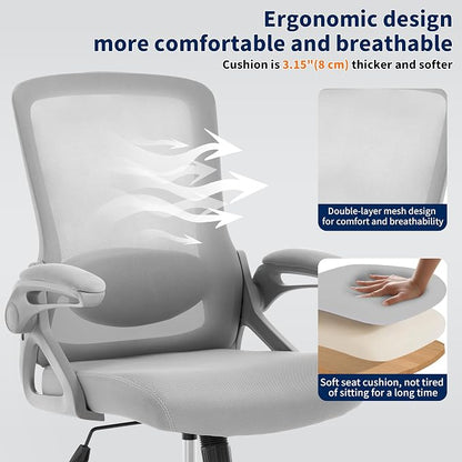 Ergonomic Office Chair, Desk Chair with Adjustable Lumbar Support, Breathable Mesh Comfy Computer Chairs with Flip-up Armrests Executive Task Chair for Adults Home Office (Gray)