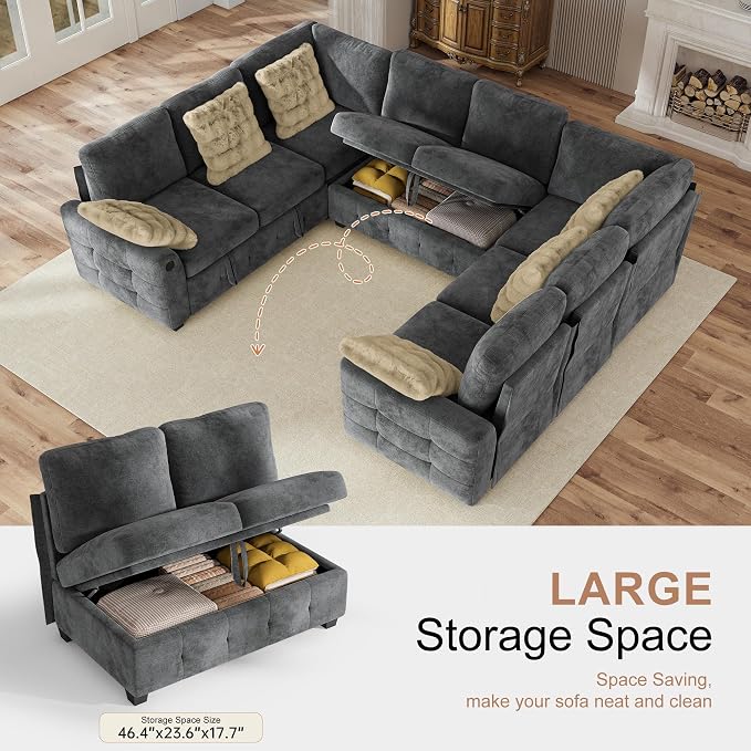 Hanherry Sectional Couch with Pull Out Sofa Bed,Chenille Sleeper Sofa with 2 Seat Storage & USB Charging,Comfy L Shaped Modular Couches for Living Room,Apartment