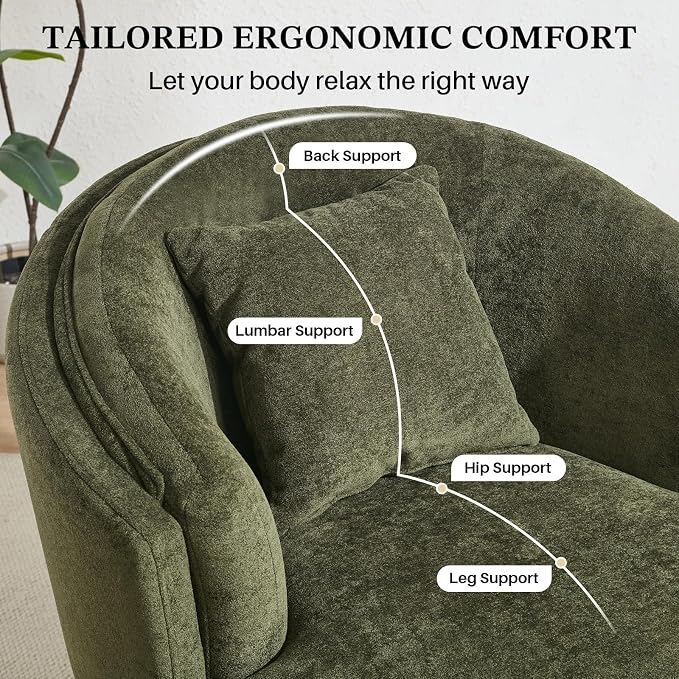 Swivel Accent Chair, 360 Degree Round Swivel Barrel Chair with Pillow, Widened Upholstered Comfy Barrel Armchair for Living Room Bedroom Reading Room, Green
