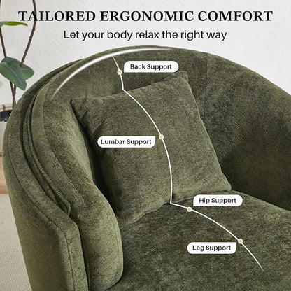 Swivel Accent Chair, 360 Degree Round Swivel Barrel Chair with Pillow, Widened Upholstered Comfy Barrel Armchair for Living Room Bedroom Reading Room, Green