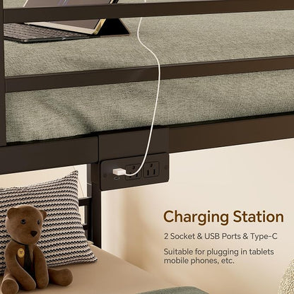 Full Over Full Metal Bunk Bed with 2 Rolling Under-Bed Storage Drawers | Charging Station, Stable Square Tube Frame, Converts to Separate 2 Twin Beds, Full Safety Guardrails & Ladder for Bedroom