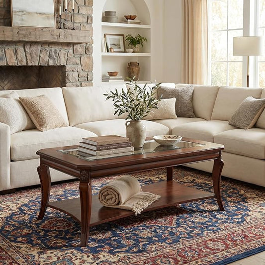 Rectangle Coffee Table for Living Room, Solid Wood Coffee Table with Glass Top, Traditional Distressed Farmhouse Style with Shelf, Solid Hardwood Rustic Center Table for Living Room, Cherry 1168GT
