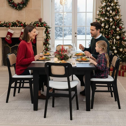 ROCITY Black Rattan Dining Chairs Set of 4 Lambswool Dining Room Chairs Natural Wooden Kitchen Chairs Farmhouse Boho