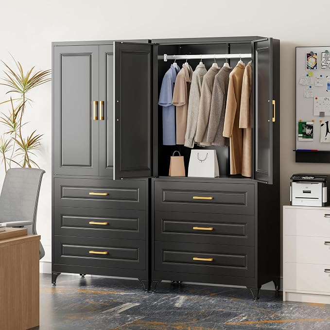 Metal Wardrobe Cabinets with 3 Drawers,Black Armoire Wardrobe Closet with Hanging Rod,Clothes Storage Cabinet with Adjustable Shelves and Doors,Clothing Cabinet for Bedroom,Laundry Room