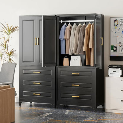 Metal Wardrobe Cabinets with 3 Drawers,Black Armoire Wardrobe Closet with Hanging Rod,Clothes Storage Cabinet with Adjustable Shelves and Doors,Clothing Cabinet for Bedroom,Laundry Room