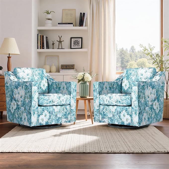 Swivel Accent Chair, Modern Round Barrel Arm Chair for Living Room, Bedroom, Comfy Club Reading Chairs for Adults (Cyan Blooms, Set of 1)
