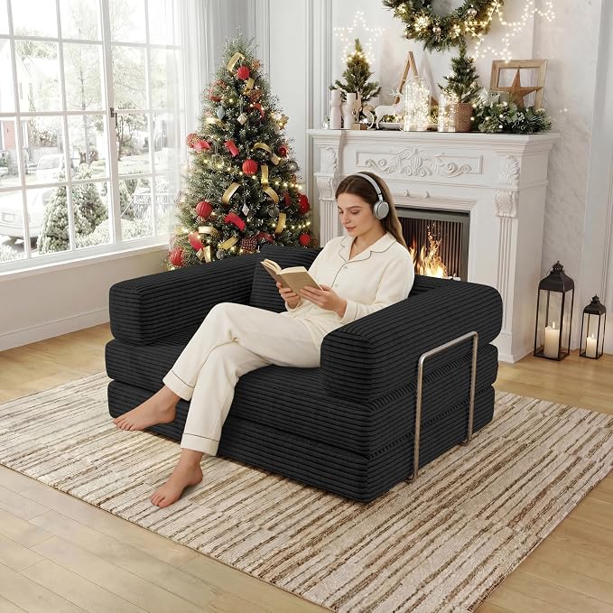BSHOMGI Convertible Sofas Boneless Couches with 2 Pillow, Modern Corduroy Futon Bed, Modular Queen Sofa with Pull-Out Bed, LoveSeat for Living Room, Small Space Apartment BlackDouble Sofa