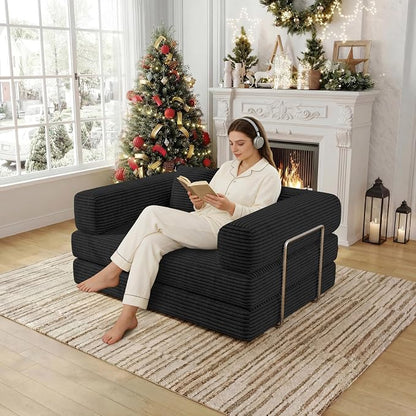 BSHOMGI Convertible Sofas Boneless Couches with 2 Pillow, Modern Corduroy Futon Bed, Modular Queen Sofa with Pull-Out Bed, LoveSeat for Living Room, Small Space Apartment BlackDouble Sofa
