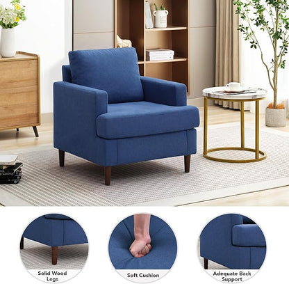 Weture Mid-Century Accent Chair,Modern Linen Fabric Armchair for Living Room,Comfy Upholstered Reading Accent Chairs for Bedroom,Single Sofa Chair with Wood Legs (Blue, 1 Pack)