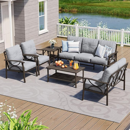 FansaFurn 6-Pieces Outdoor Patio Furniture Set, Outdoor Metal Sectional Furniture with Cushions, Outdoor Conversation Seating Set with Coffee Table for Garden, Balcony, Deck, Backyard, Grey