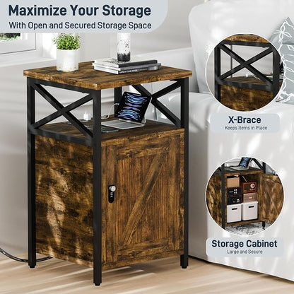 Night Stand Set 2, Bedroom Nightstands, Matching Bedside Table, Retro Brown | Lock and Charging Station, USB C Port, Large Lockable Storage Cabinet, End Tables with Door, Metal and Wood Bed Side Tables