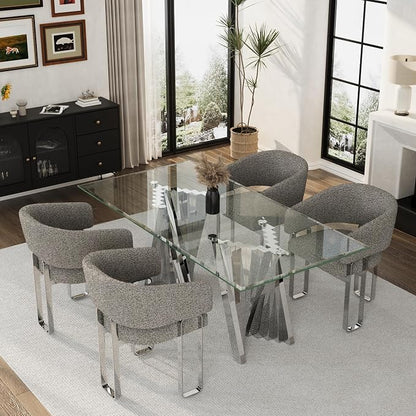 Dining Chairs Set of 4, Boucle Barrel Dining Room Chairs, Grey Armchair with Curved Backrest and Mirrored Chrome Stainless Steel U-Shaped Legs