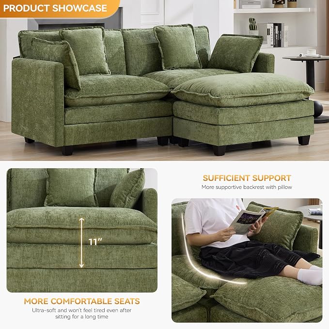 76'' Cloud Deep Seat Loveseat Sofa, Upholstered Chenille Modular 2-Seats Sectional Sofa Couch with Movable Ottoman, Modern Comfy Settee Loveseat for Living Room Set, Small Apartment, Green