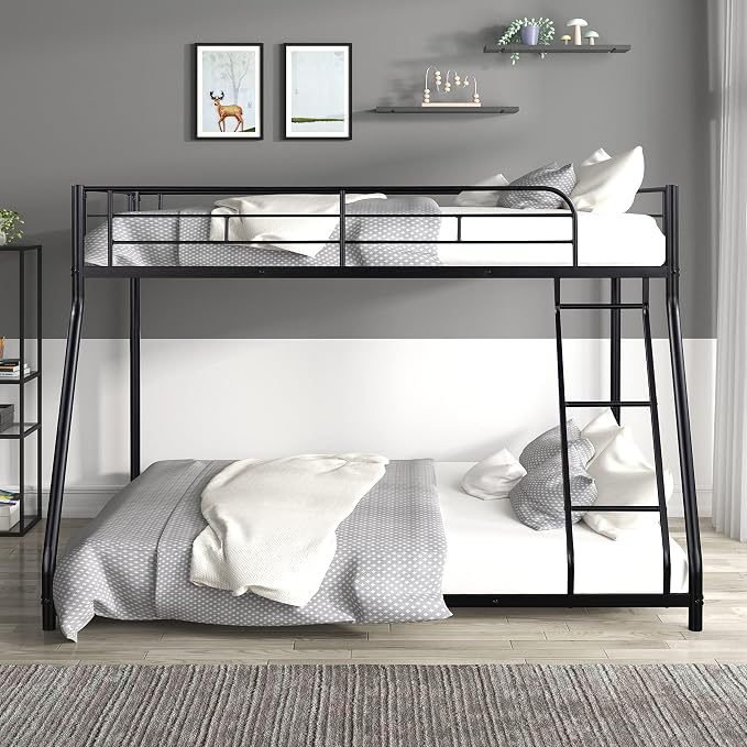 Metal Bunk Bed Twin Over Full Size with Removable Stairs, Heavy Duty Sturdy Frame with Full Length Safety Guardrail for Teen & Adults, Teens, No Box Spring Needed (Black)