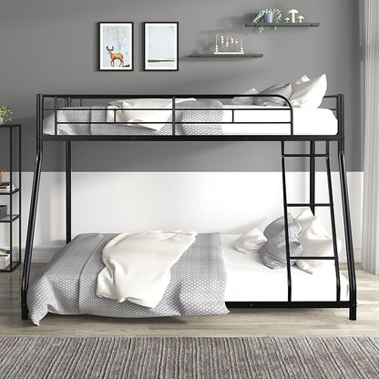 Metal Bunk Bed Twin Over Full Size with Removable Stairs, Heavy Duty Sturdy Frame with Full Length Safety Guardrail for Teen & Adults, Teens, No Box Spring Needed (Black)