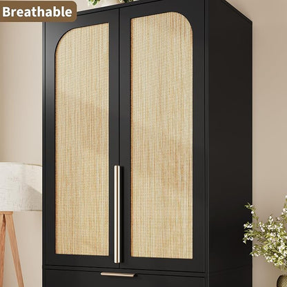 GarveeHome Armoire Wardrobe Closet, 69.5 in Wooden Wardrobe Cabinet with 3 Drawers, Hanging Rod, 2 Doors Clothing Storage Cabinet for Bedroom, Large Capacity Storage, Rattan Door, Black