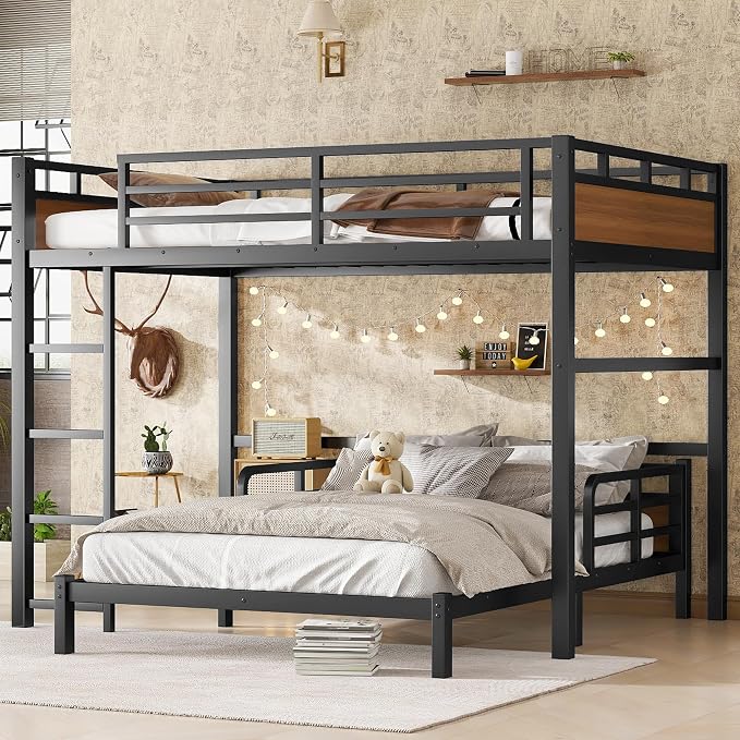 Full Over Full Metal Bunk Bed, Heavy Duty Convertible Bunk Bed Frame with Headboard & Full Guardrails, Can Be Split into Two Platform Beds or Loft Bed,Walnut