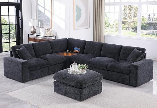 Ball & Cast 116" Oversized Modular L-Shaped Sectional Sofa,Large Chenille Upholstered Couch 7 Seat with Movable Ottoman & 2 Pillows,Comfty Sectionals W/Cup Holders & USB Port,for Living Room,Dark Gray