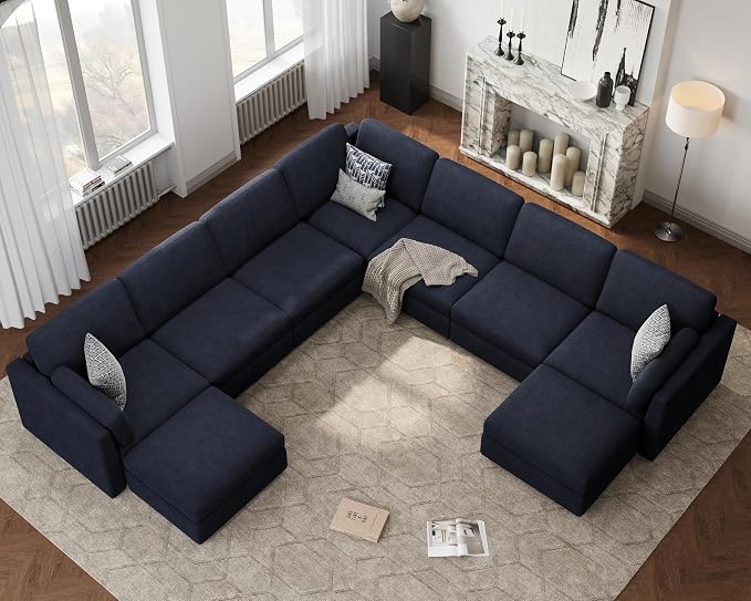 Oversized Modular Sectional Sofa U-Shaped Cloud Couches Blue | Large Deep Seat Couch for Living Room, 9 Seater Luxury Corner Sofa with Ottoman, Solid Wood Frame, Removable Washable Cover