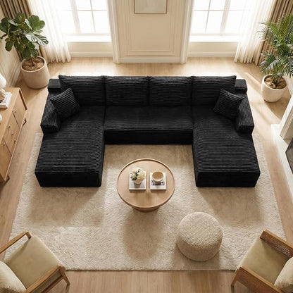 132" Oversized U-Shaped Cloud Sectional Couch Plush Corduroy Boneless Symmetrical Sofa, Front Facing Modular Compressed Boneless Sectional Sofa with Double Chaise Lounges