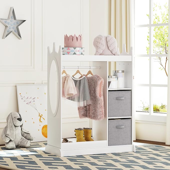UTEX Kids Dress up Storage with Crown-Shaped Design and 2 Fabric Bins | See and Store Kids Wardrobe, Toddler Dress Up Rack, Open Hanging Armoire Closet, Water-based Paint, Princess Style