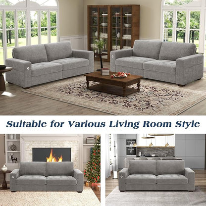 WorthFurni Sofas for Living Room, Chenille Loveseat Couch Set, Small Sofa, 3 Seater Sofa, USB Charging, Removable Sofa Cover,Solid Wood Frame, Easy to Install(89inch,Grey)