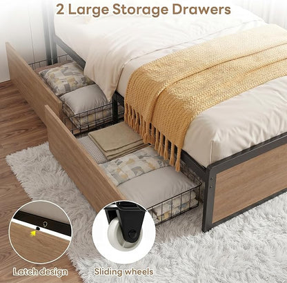 LIKIMIO Twin XL Bed Frame with 2 Storage Drawers, Charging Station & LED Lights, Twin XL Bed with Boucle Upholstered Headboard, Strong Metal Slats, No Box Spring Needed, Easy Assembly, Wood/Cream