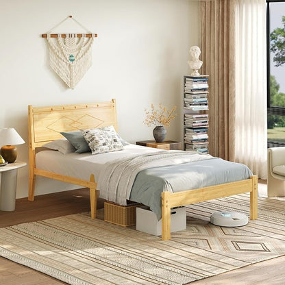 RLDVAY Bamboo Twin Bed Frames, 14 Inch Platform Bamboo Wood Bed with Tall Headboard, No Box Spring Needed, Heavy Duty Metal Slats, Easy Assembly, Noise Free, Twin Size Bed