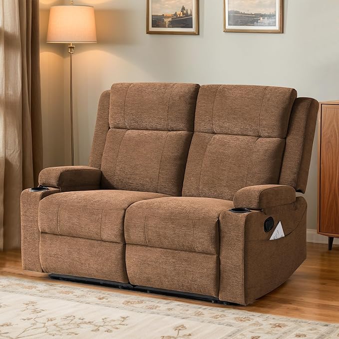55" RV Loveseat Recliner – Space-Saving Double Reclining RV Sofa, Compact Theater Seating with Cup Holders & Storage Pocket, Brown Chenille Couch for Camper, Motorhome & Home Theater