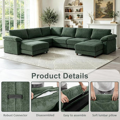 Oversized L Shaped Sectional Couch for Living Room, Extra Large Deep Seat Modular Sectional Sofa with Washable Covers, Modern Cloud Couch for Apartment, Bedroom (Green, U Shape 8 Seat)